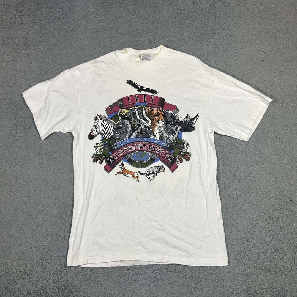Vtg Hanes Beefy-T San Diego Zoo CRES Endangered Species Shirt Mens M White #3727